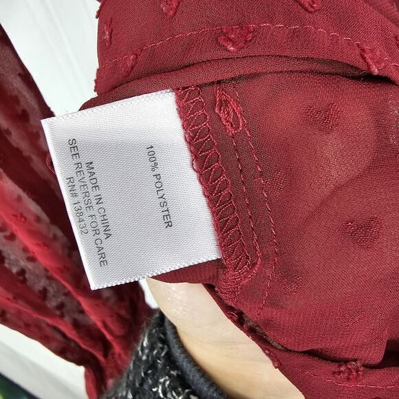 Modcloth Red Mock Neck Women's Size Large Shear Heart Print Long Sleeve Blouse - Picture 7 of 7